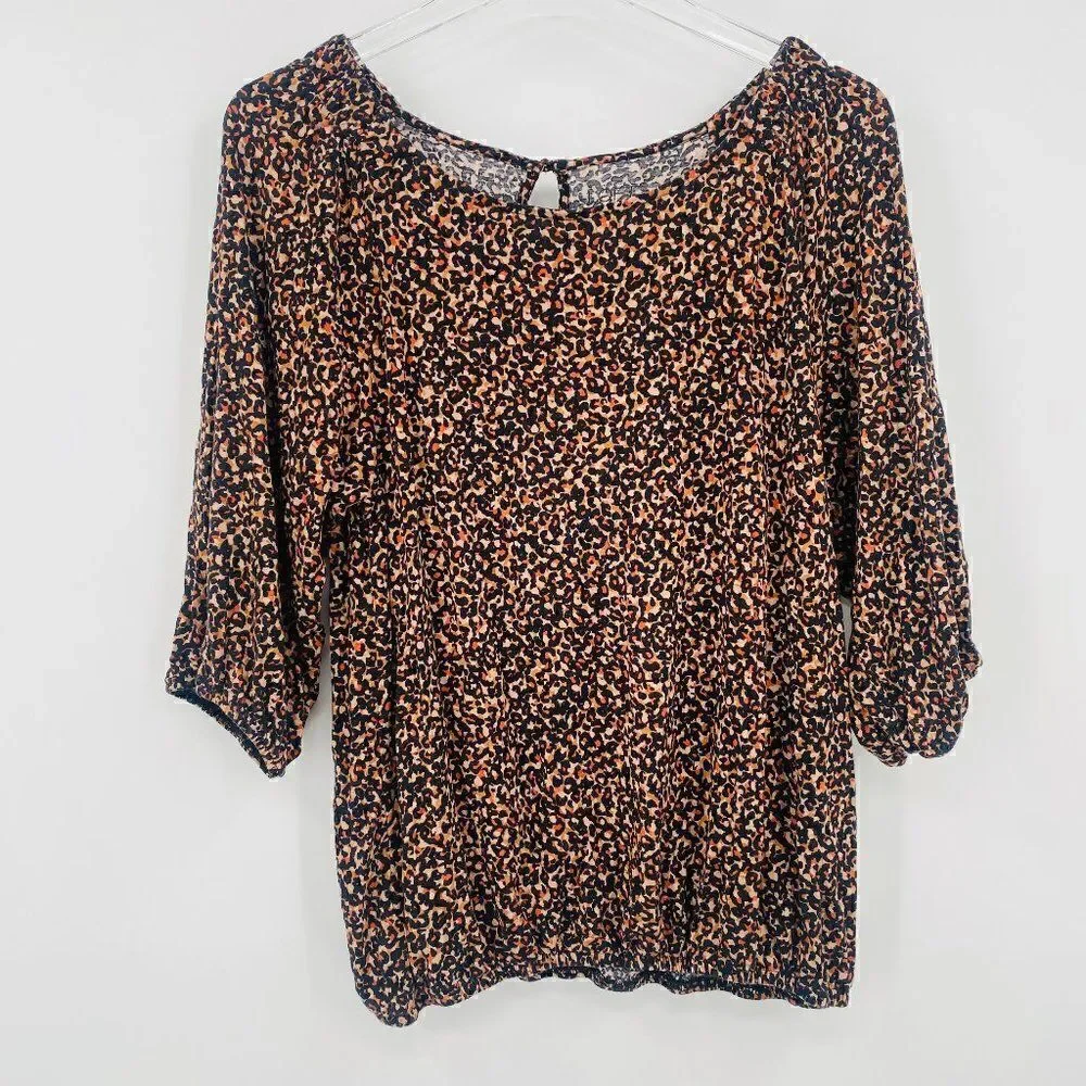 LOFT Size Small Tan & Black Cheetah Print 3/4 Sleeve Jersey Knit Blouse Top